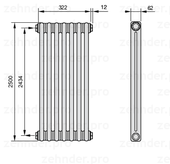 Схема (чертеж) Радиатор Zehnder Charleston 2250/7 №1270 Белый глянцевый RAL 9016